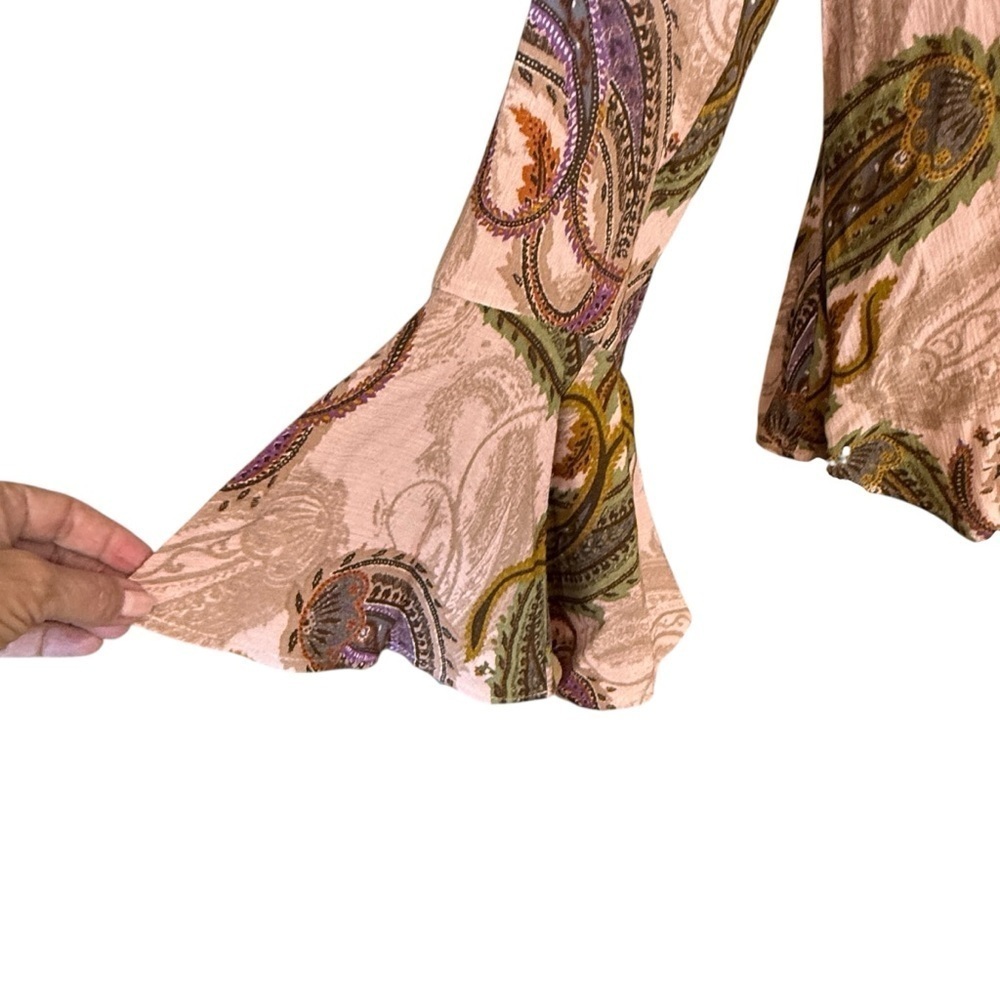 DR2 Paisley Print Button Front V-Neck Flutter Sleeve Top Pink Green Size M #1497 - Picture 3 of 6